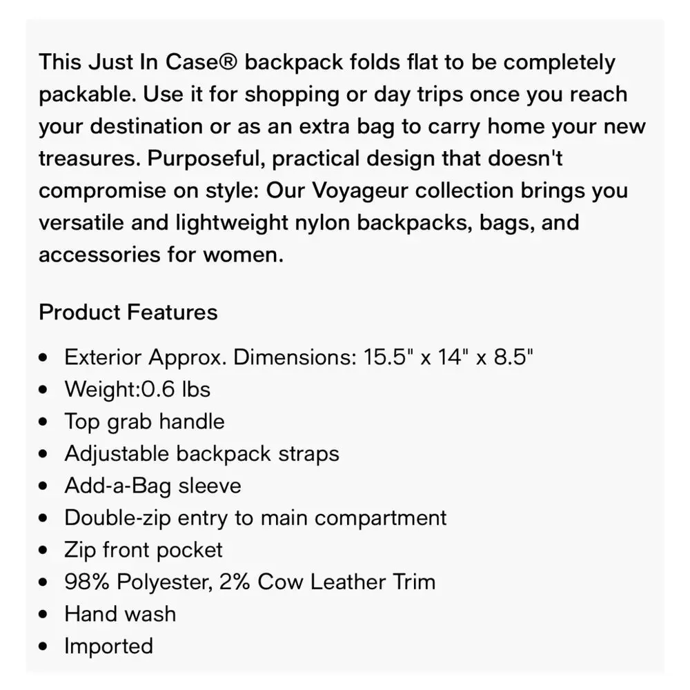 TUMI Voyager Nylon Backpack Lightweight Fold Away Just in Case Tavel Bag Black